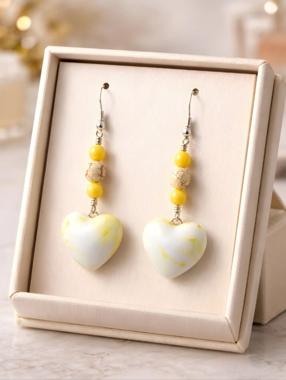 #451 HAND CRAFTED Earrings handcrafted handmade Resin Heart Yellow White